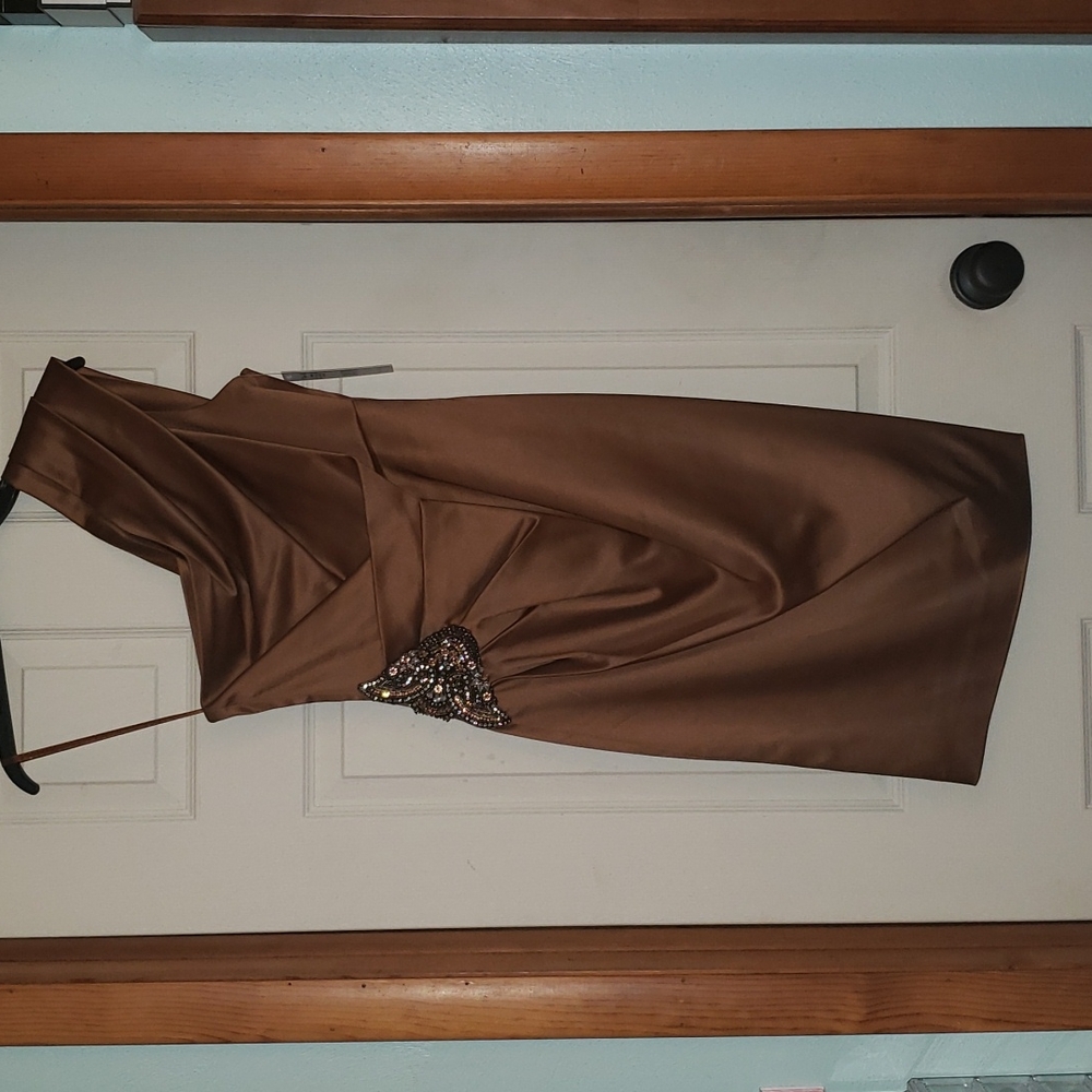 BNWT Eliza J Missy One-Shoulder Bronze Cocktail Dress w Crystals & Beading, Sz 6